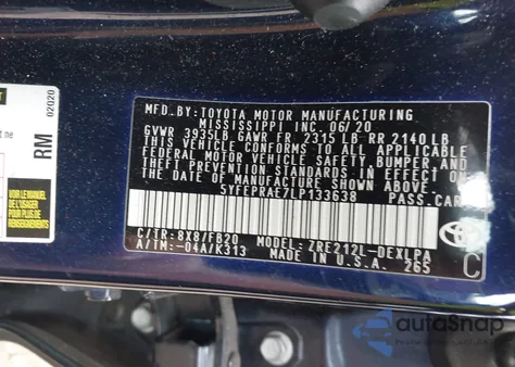 2020 Toyota Corolla Le z USA, uszkodzony, nr VIN 5YFEPRAE7LP133638